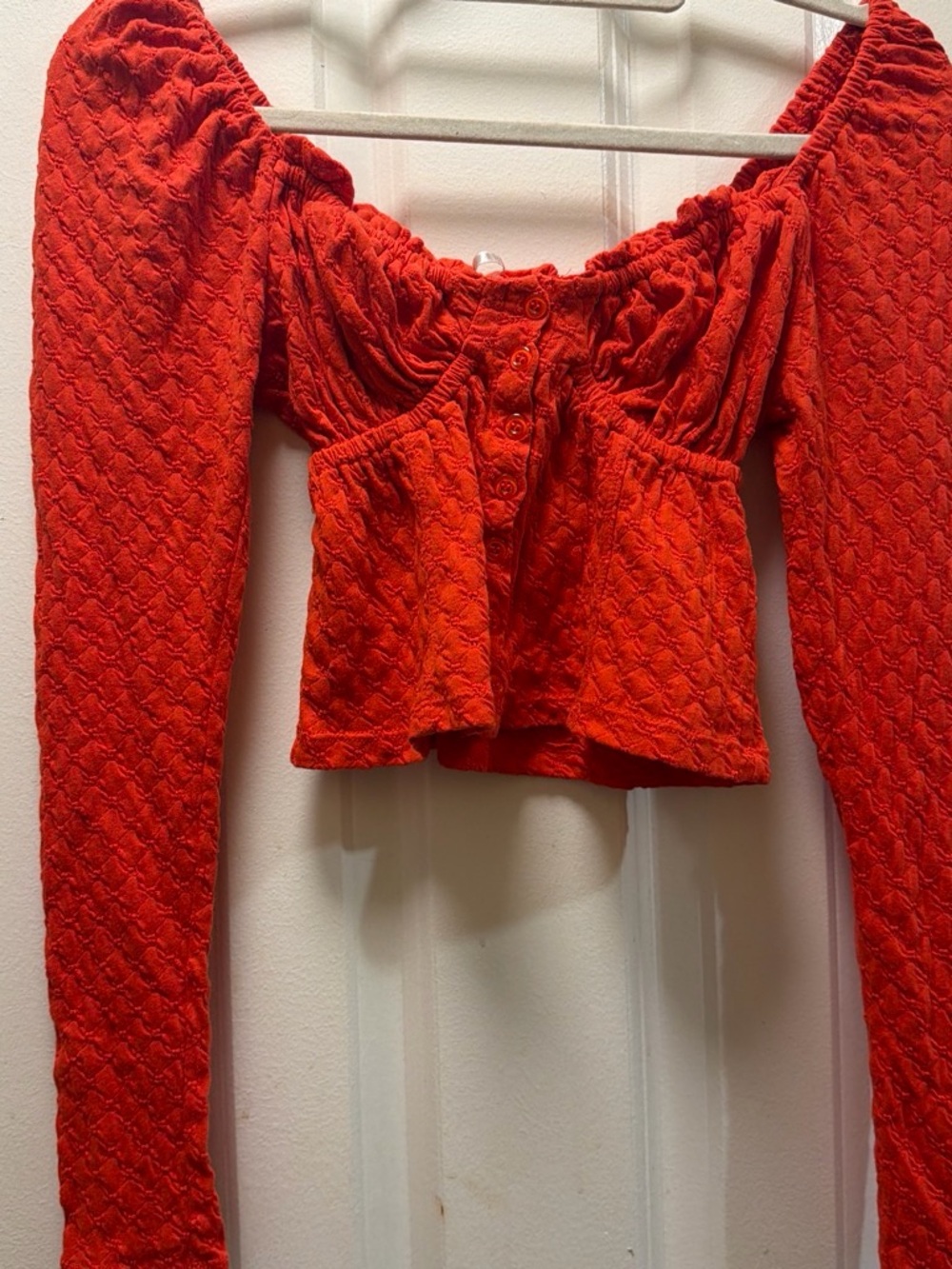 Women's Red Smocked Long-Sleeve Cropped Button Top